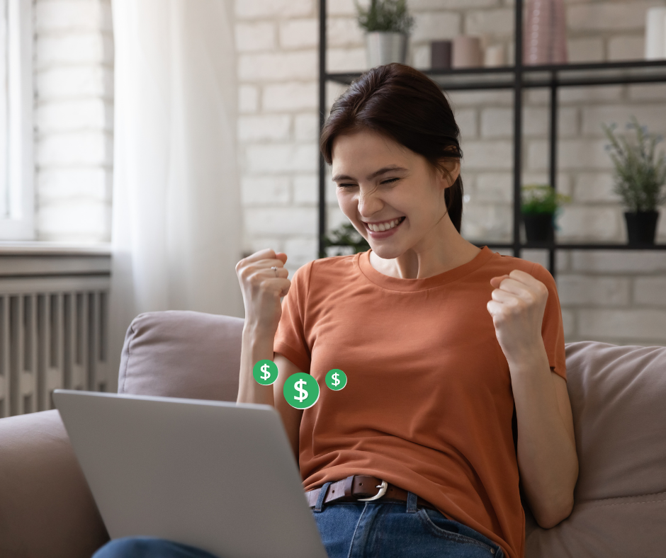 A woman is raising money online happily.