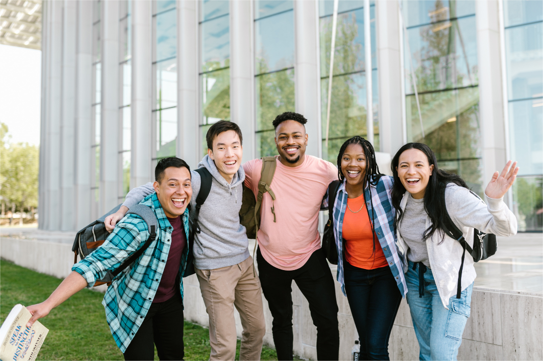 A group of students are happy on the school trip.